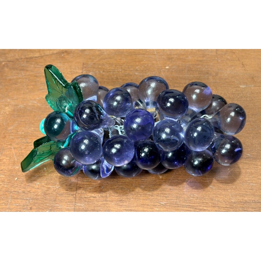 VTG Handblown Glass Grape Cluster purple .75” Balls-w/2 green Leaves-Wired